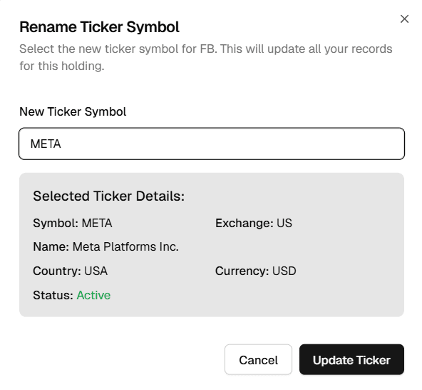 Screenshot of the rename ticker/symbol button