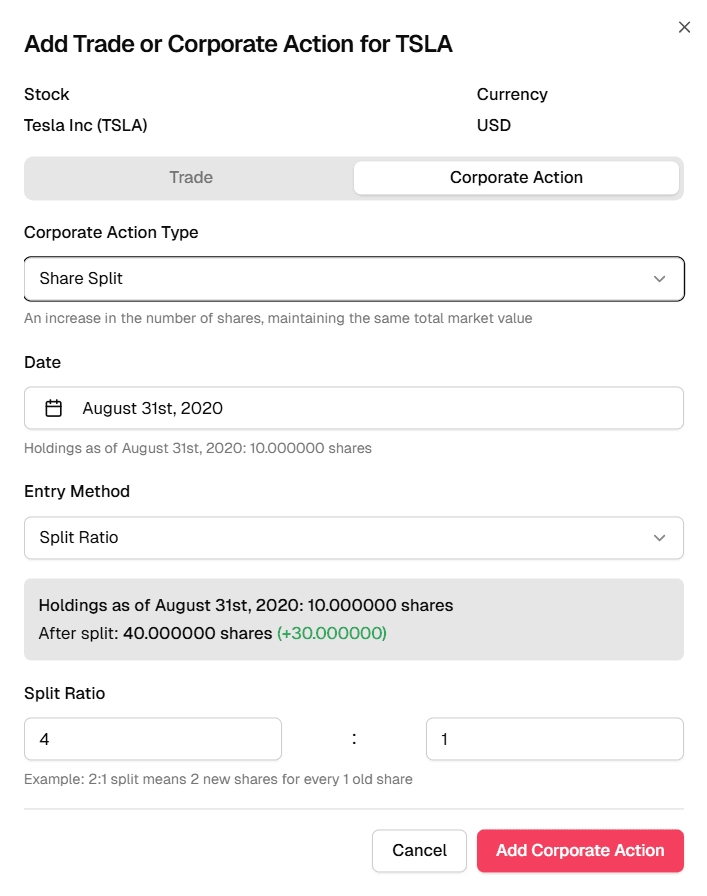 Screenshot of the corporate action modal with split option