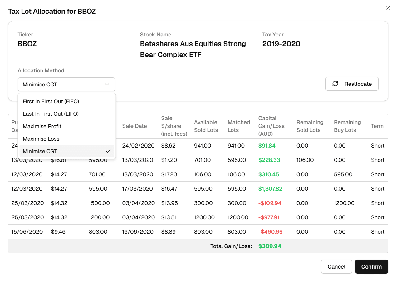 Screenshot of the Tax Lot Parcel Allocator component