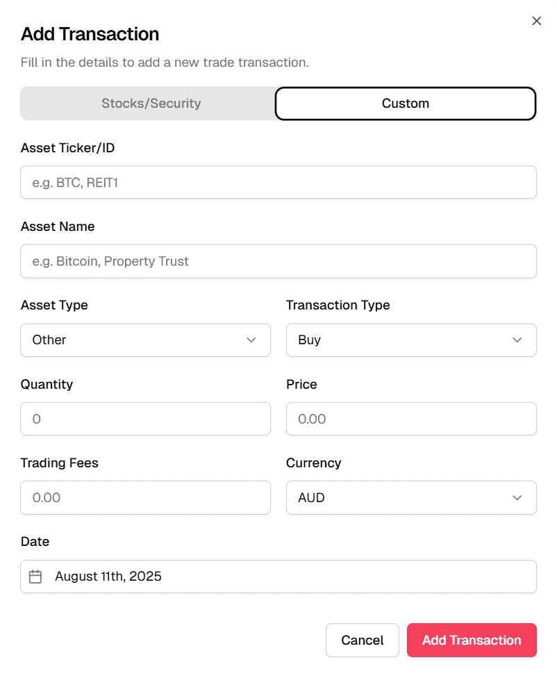 Screenshot of the Add Transaction modal