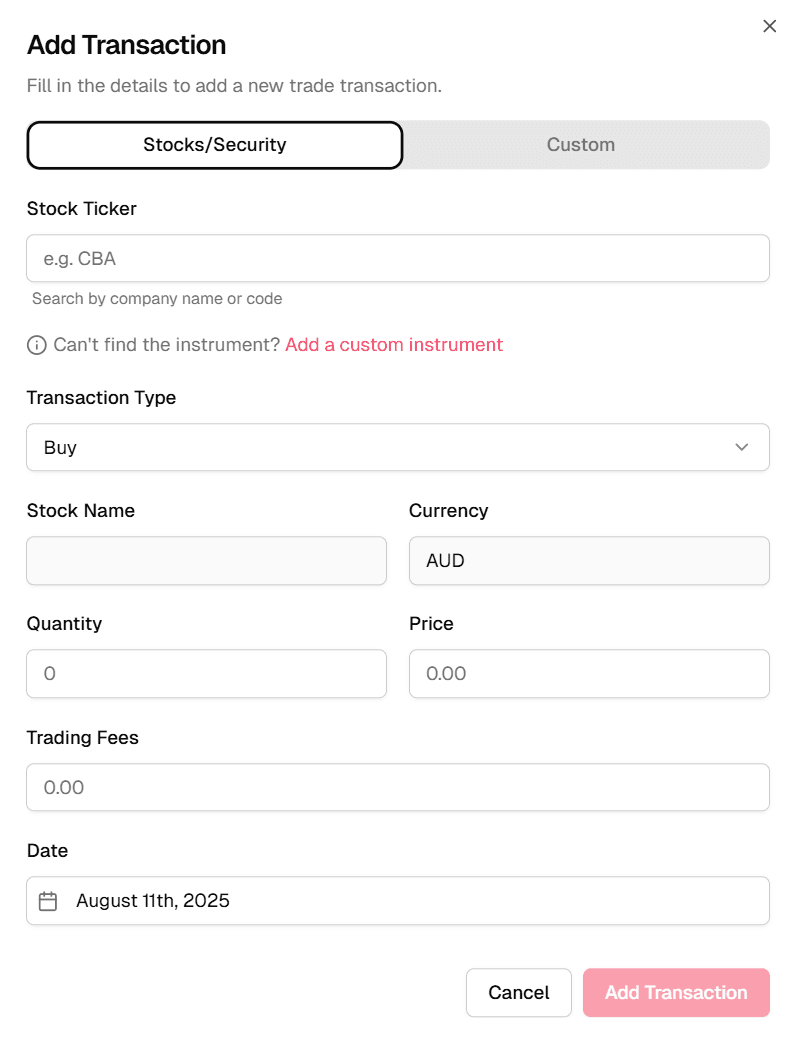 Screenshot of the Add Transaction modal