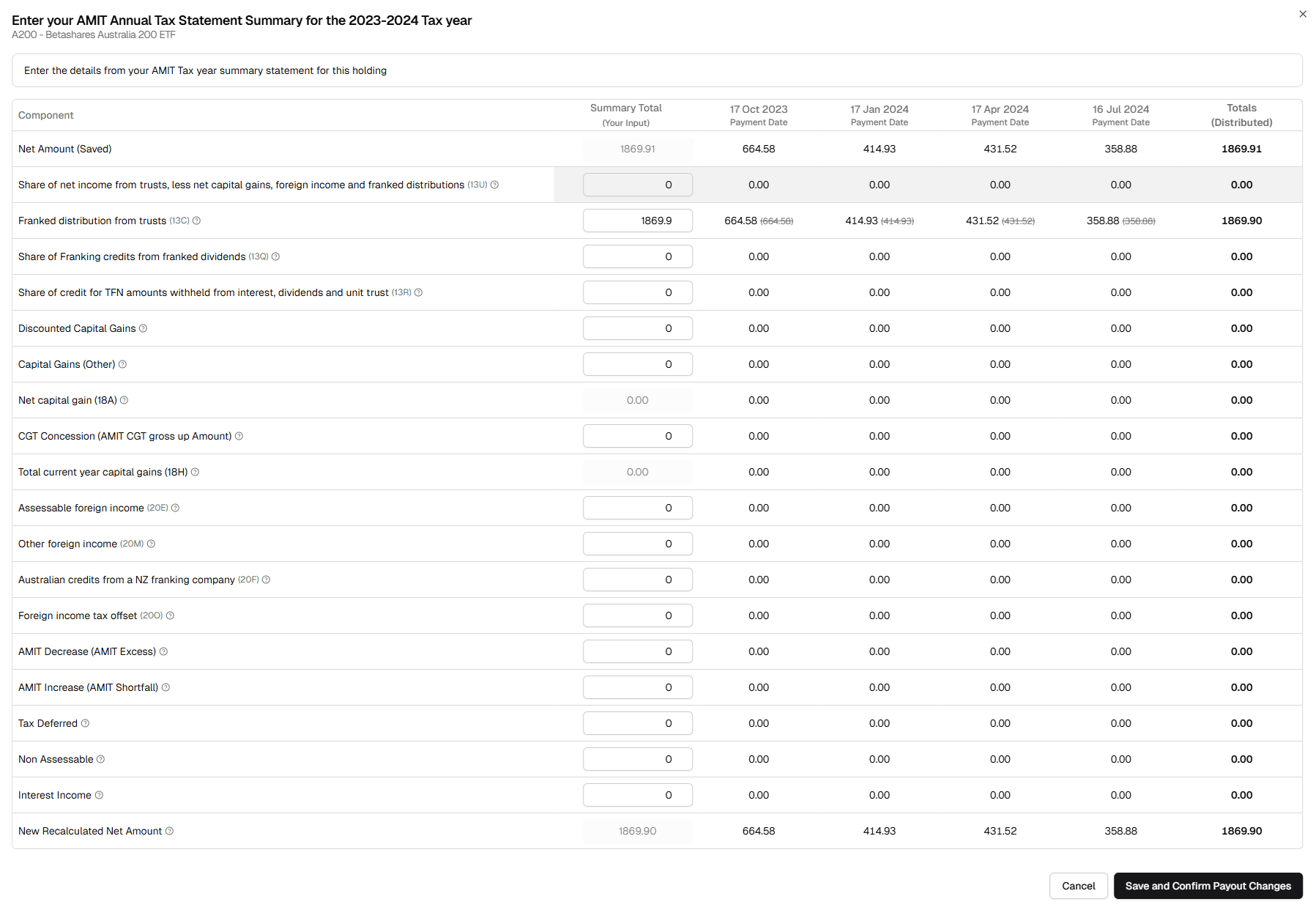 Screenshot of the add amit tax statement form
