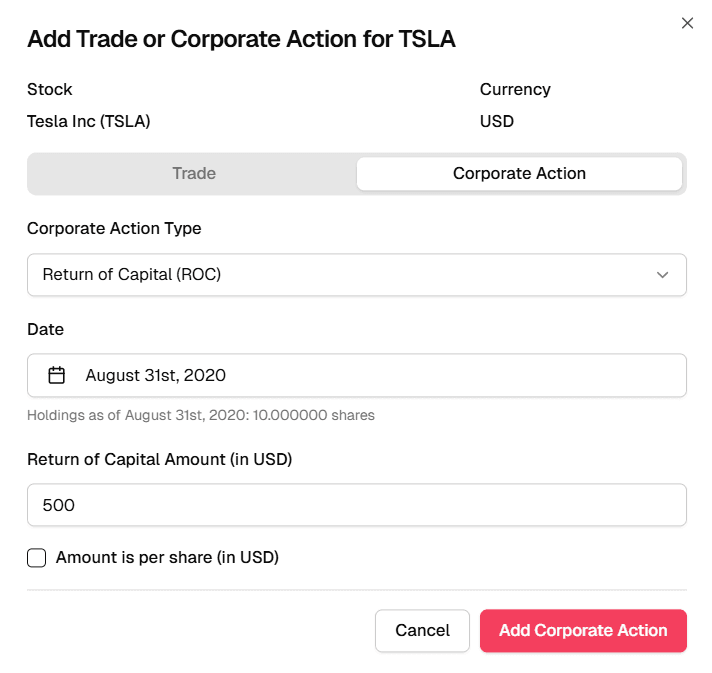 Screenshot of the corporate action modal with cost base adjustment option