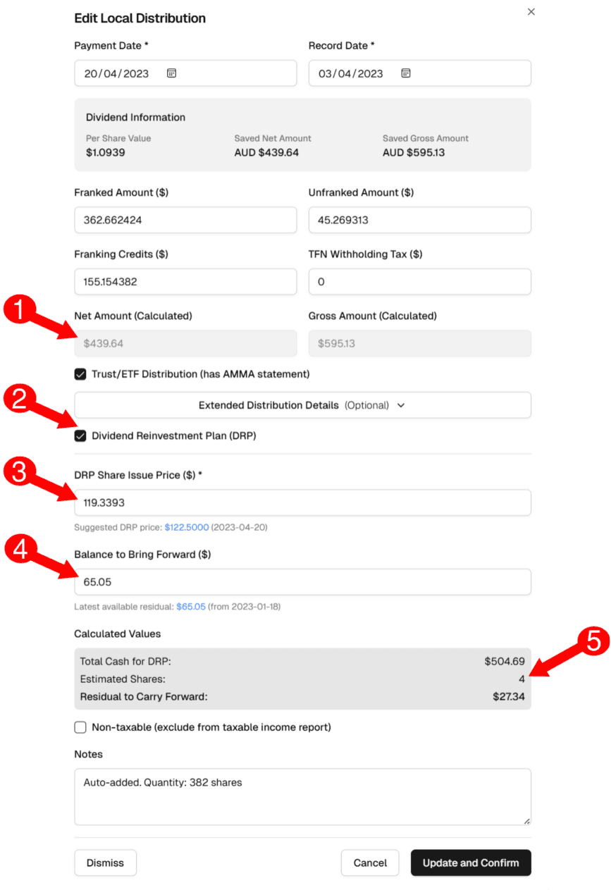 Screenshot of the dividend modal with reinvestment options