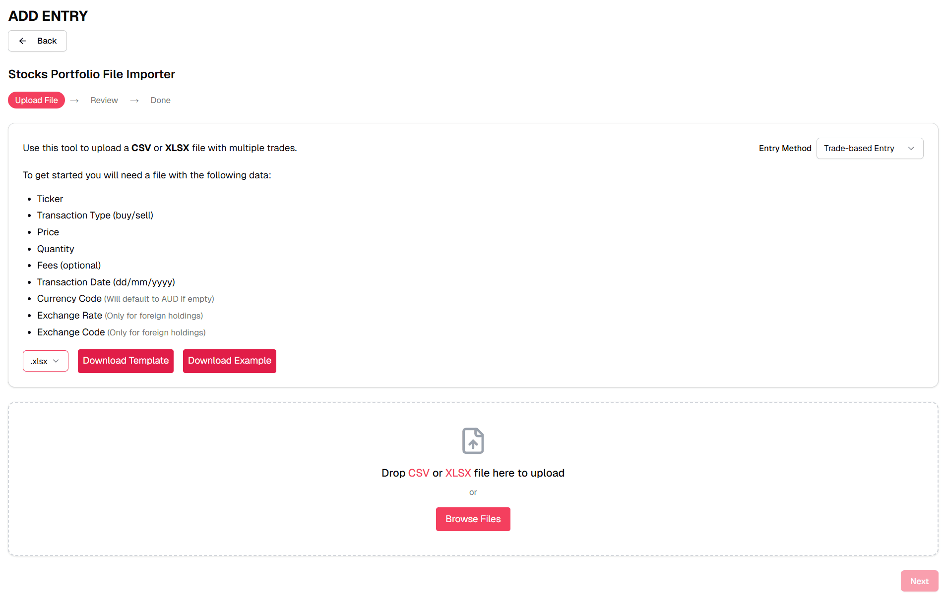 Screenshot of the stock file uploader